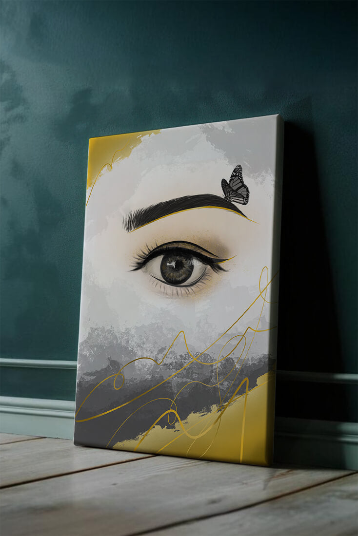 Artistic eye illustration with butterfly and abstract gold accents