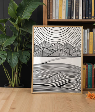 Abstract Black and White Geometric Landscape with Line Art