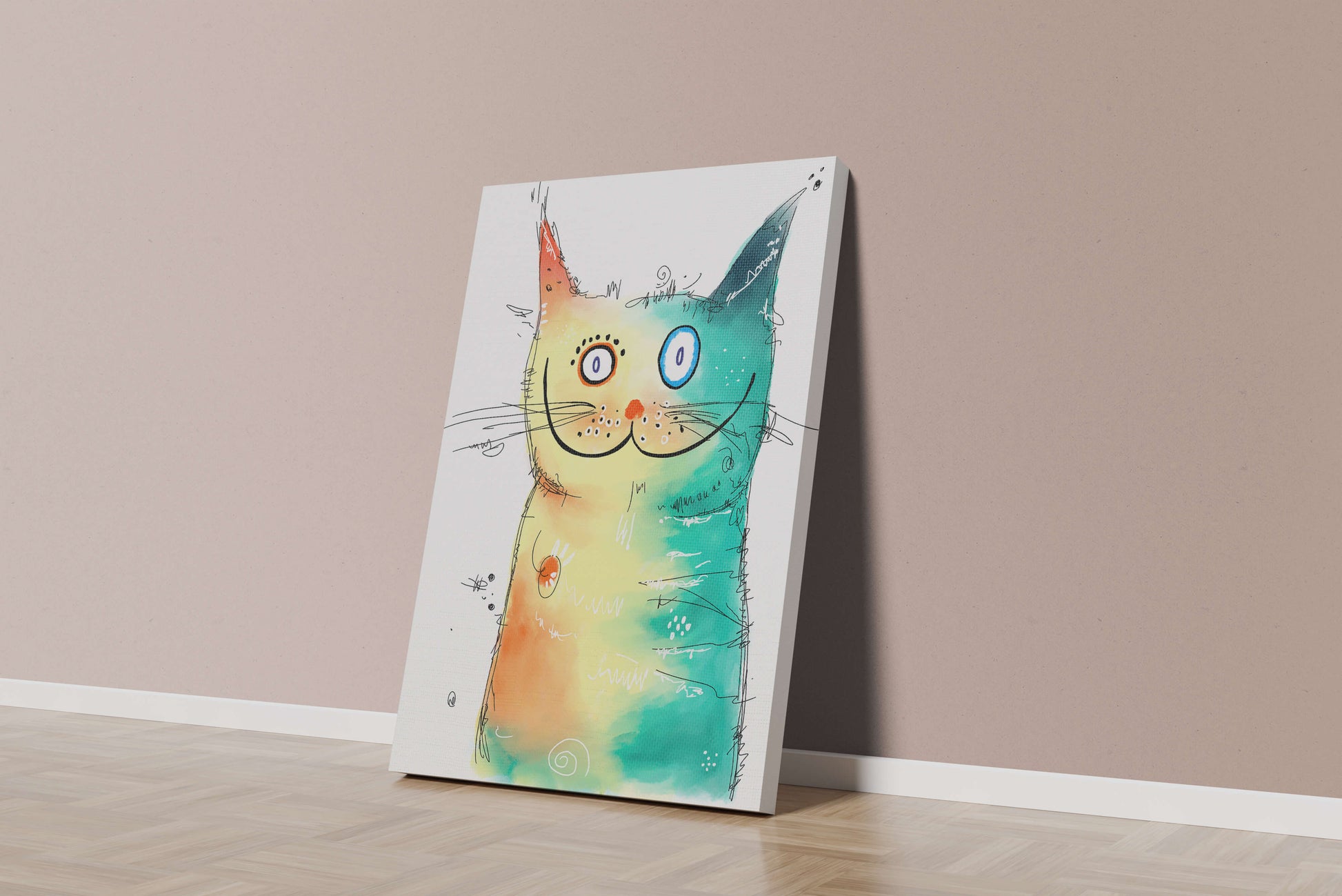 Artistic watercolor cat illustration with vibrant colors