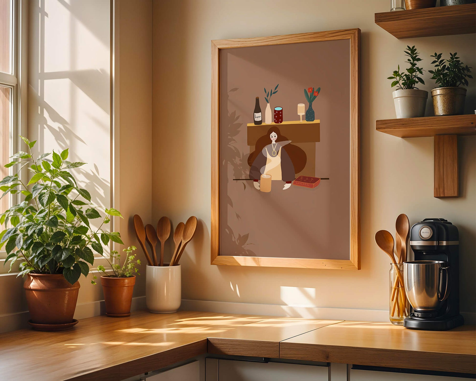 Escena acogedora con mujer junto a la chimenea y elementos decorativos