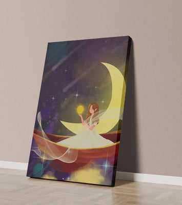 Enchanted night scene with a fairy on a crescent moon