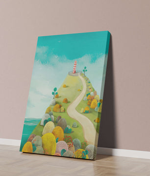 Charming lighthouse illustration on a scenic hilltop