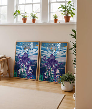 Colorful underwater scene with octopus and fishing boat above