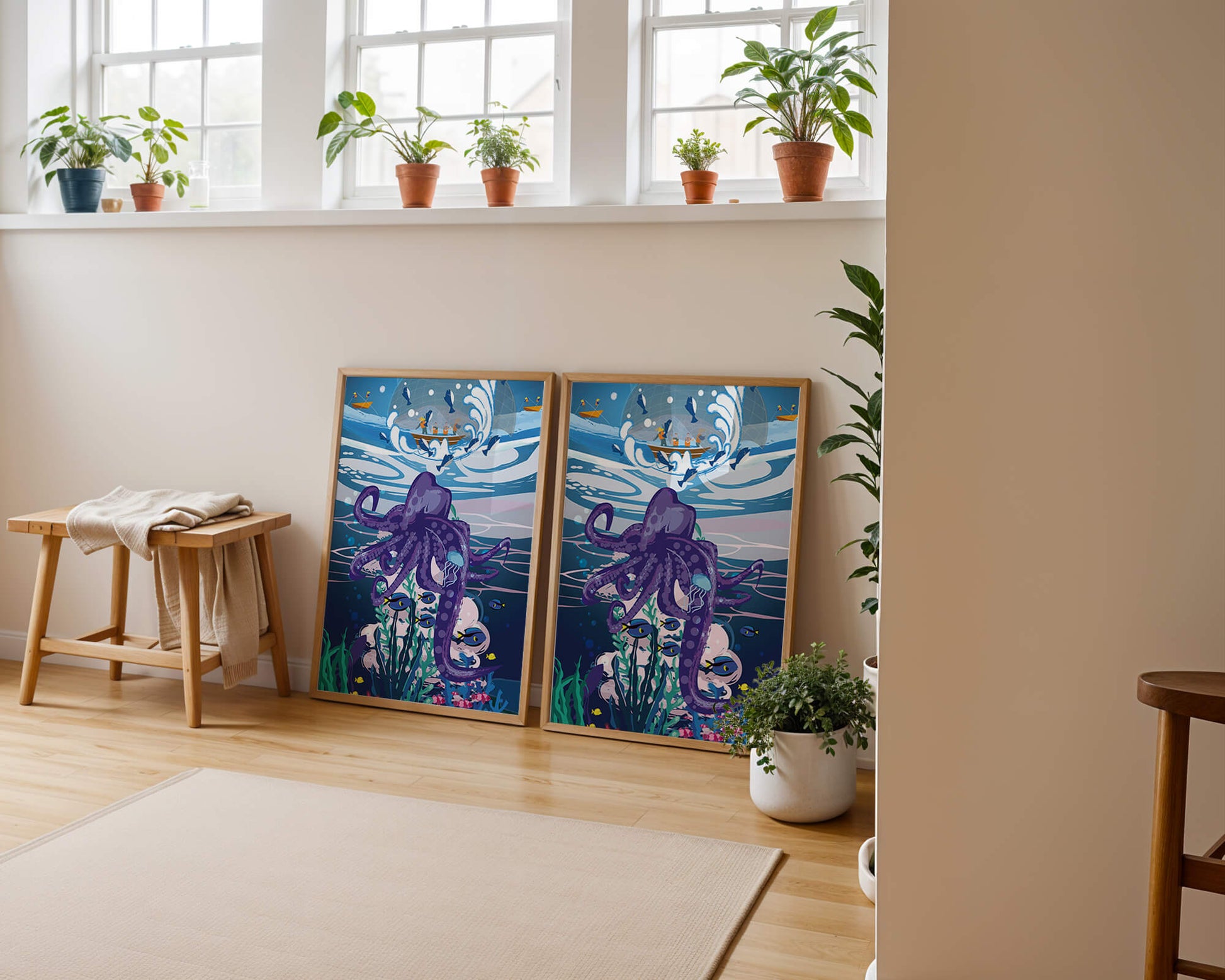 Colorful underwater scene with octopus and fishing boat above