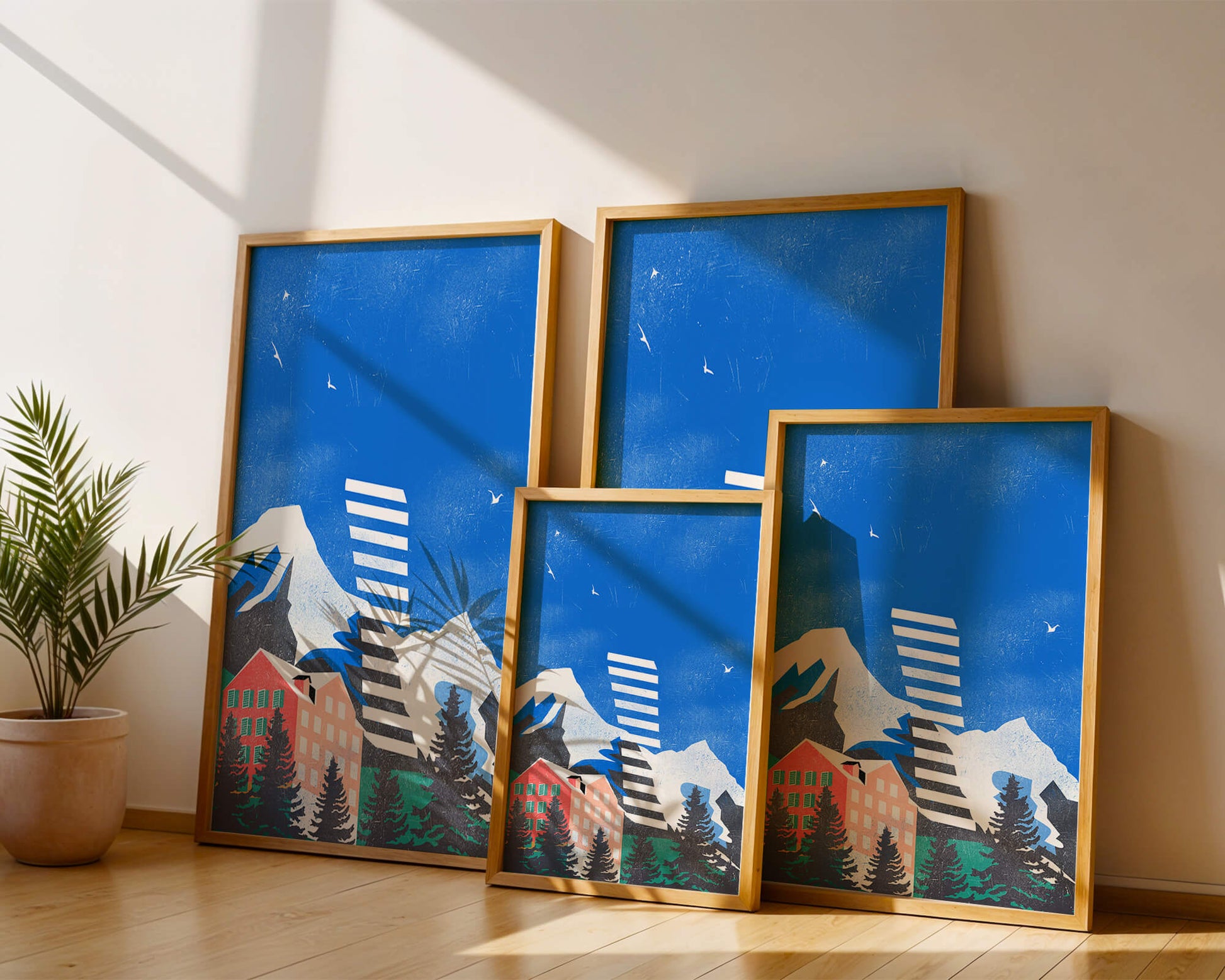 Mountain Resort in a Vibrant Landscape with Blue Sky and Birds