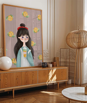 Illustration of a girl with a beverage surrounded by citrus slices