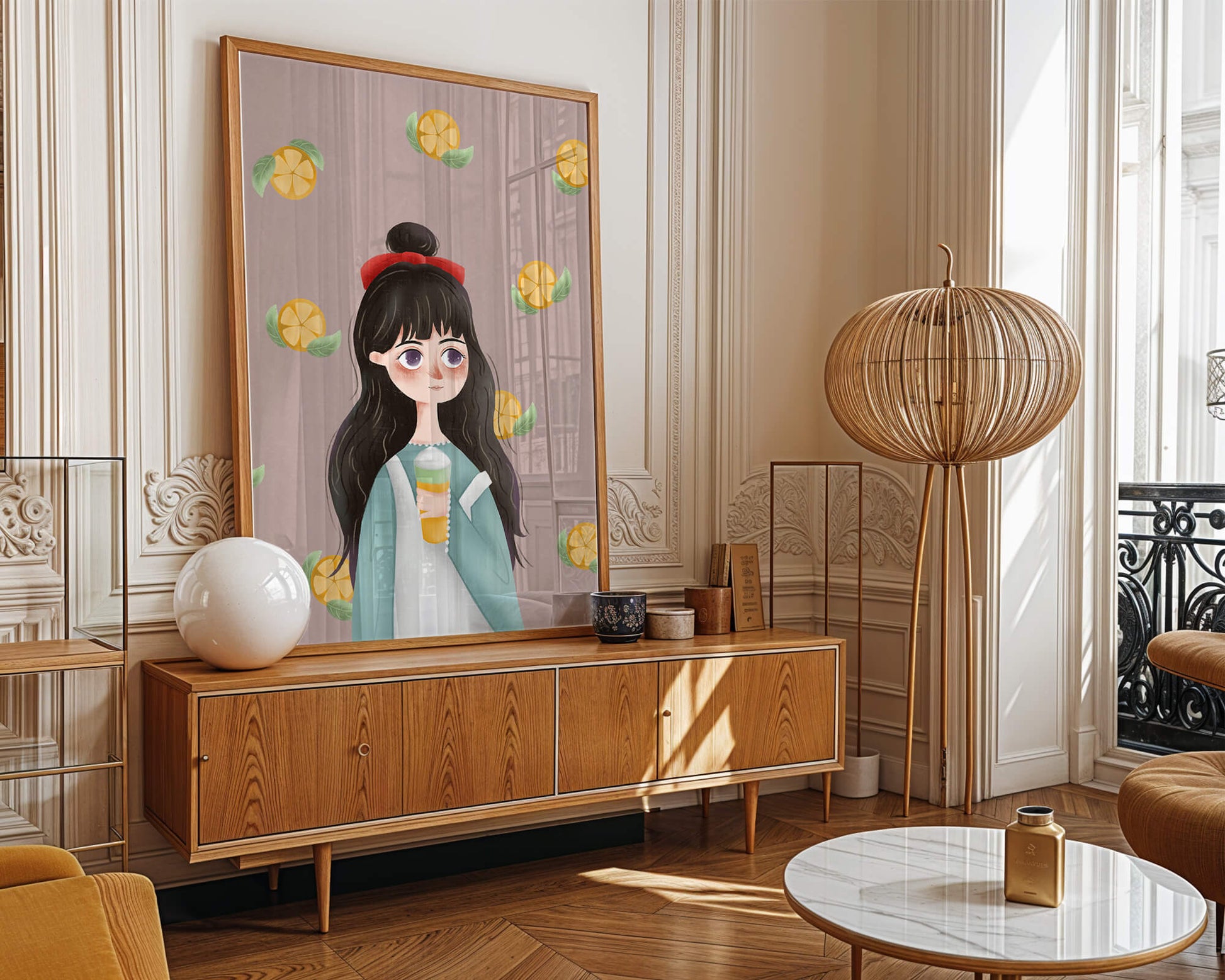 Illustration of a girl with a beverage surrounded by citrus slices