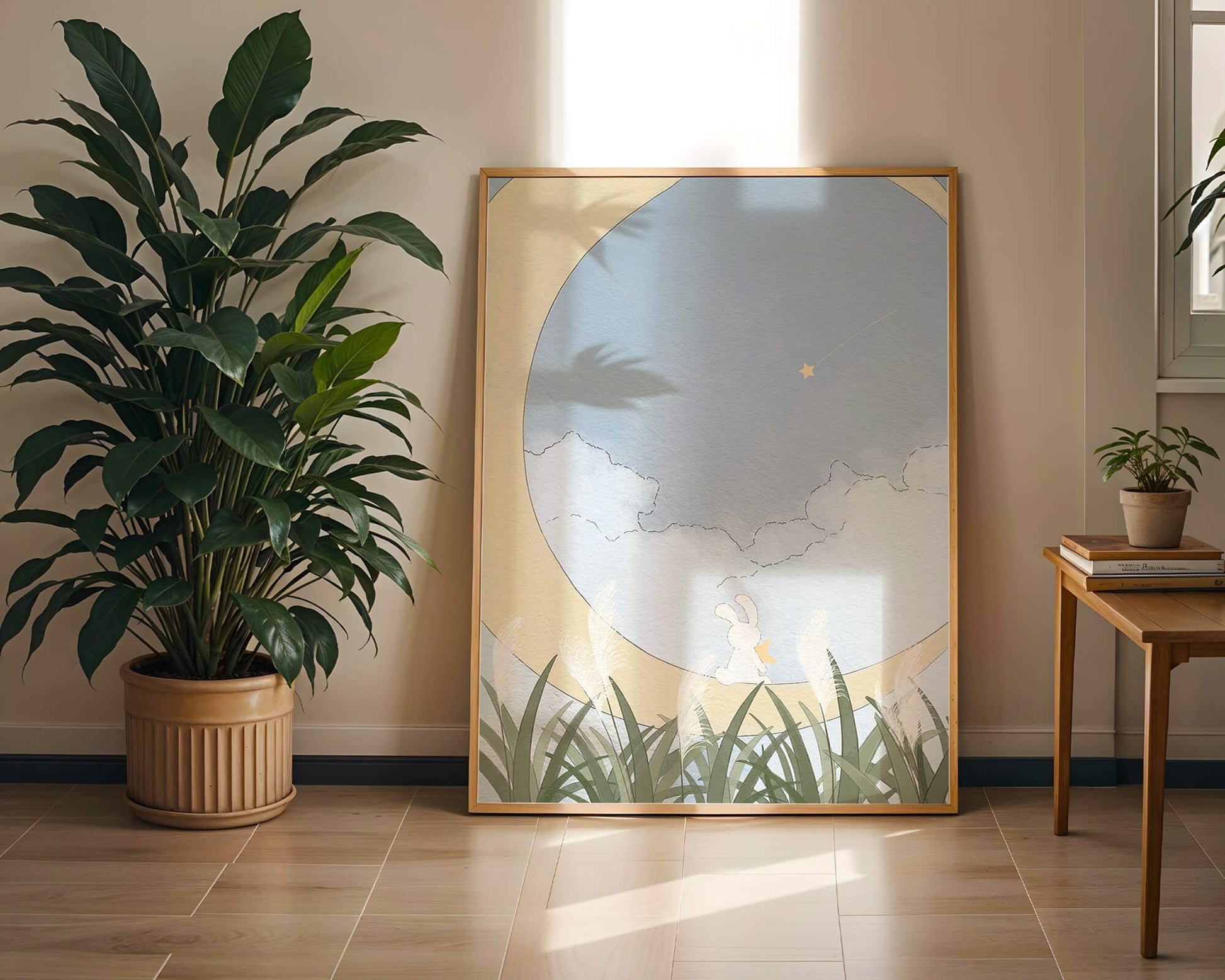 Dreamy Rabbit Sitting on Crescent Moon with Star and Clouds in Sky