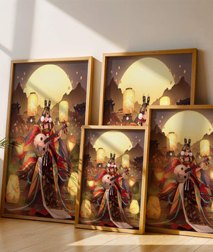 Elegant musician with traditional attire under lanterns and mountains