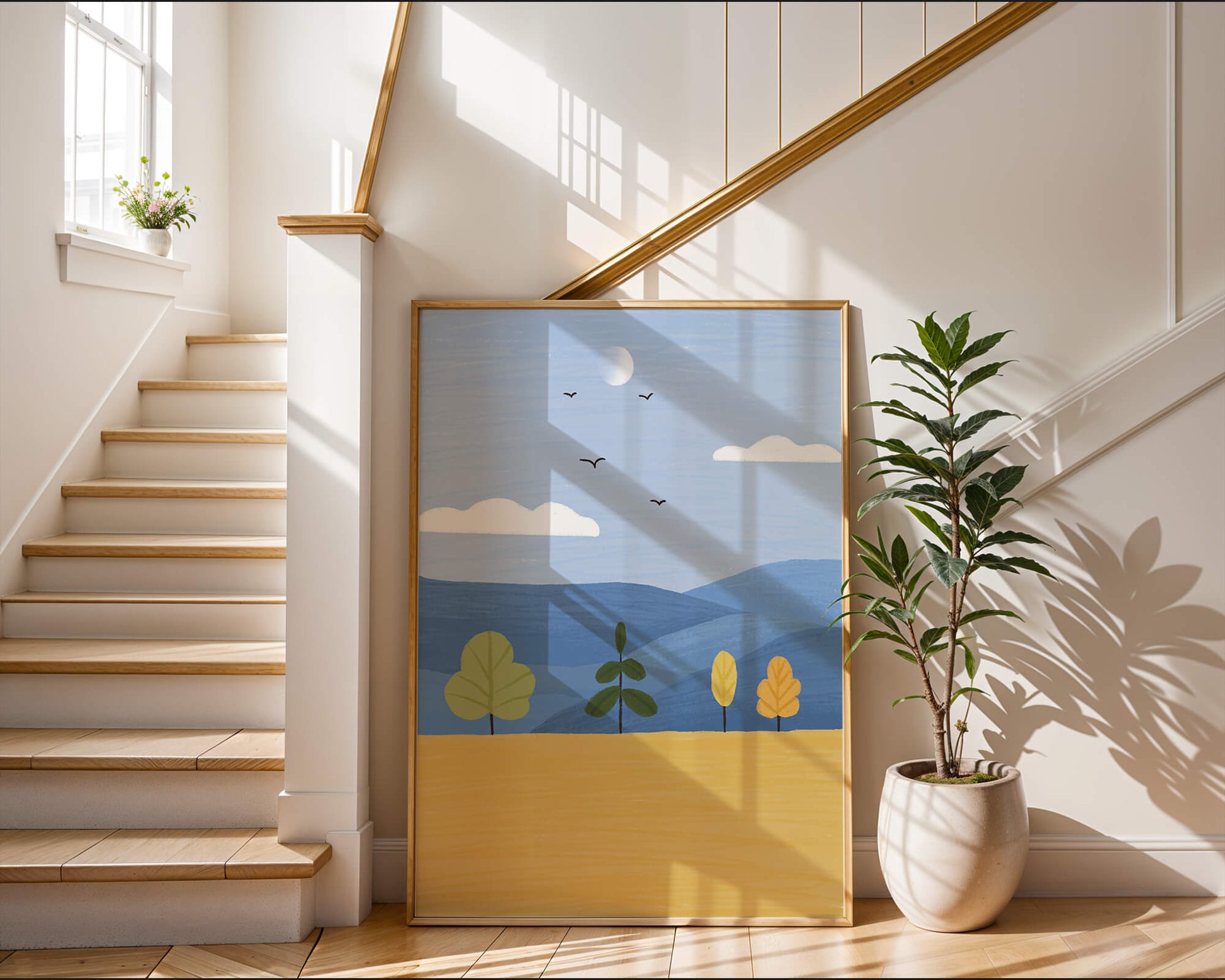 Paisaje colorido con árboles y aves en un campo sereno