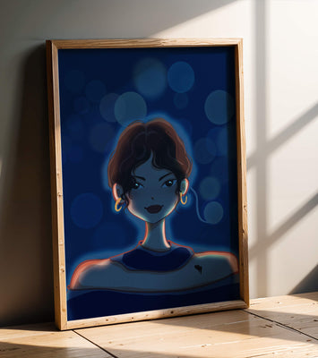 Illustration of a woman with bokeh lights and stylish earrings