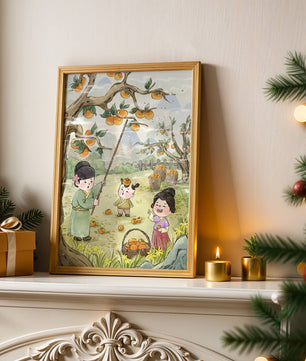 Illustration of children harvesting persimmons in a traditional setting