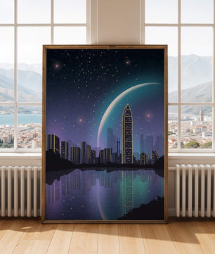 Paisaje urbano futurista bajo un cielo estrellado