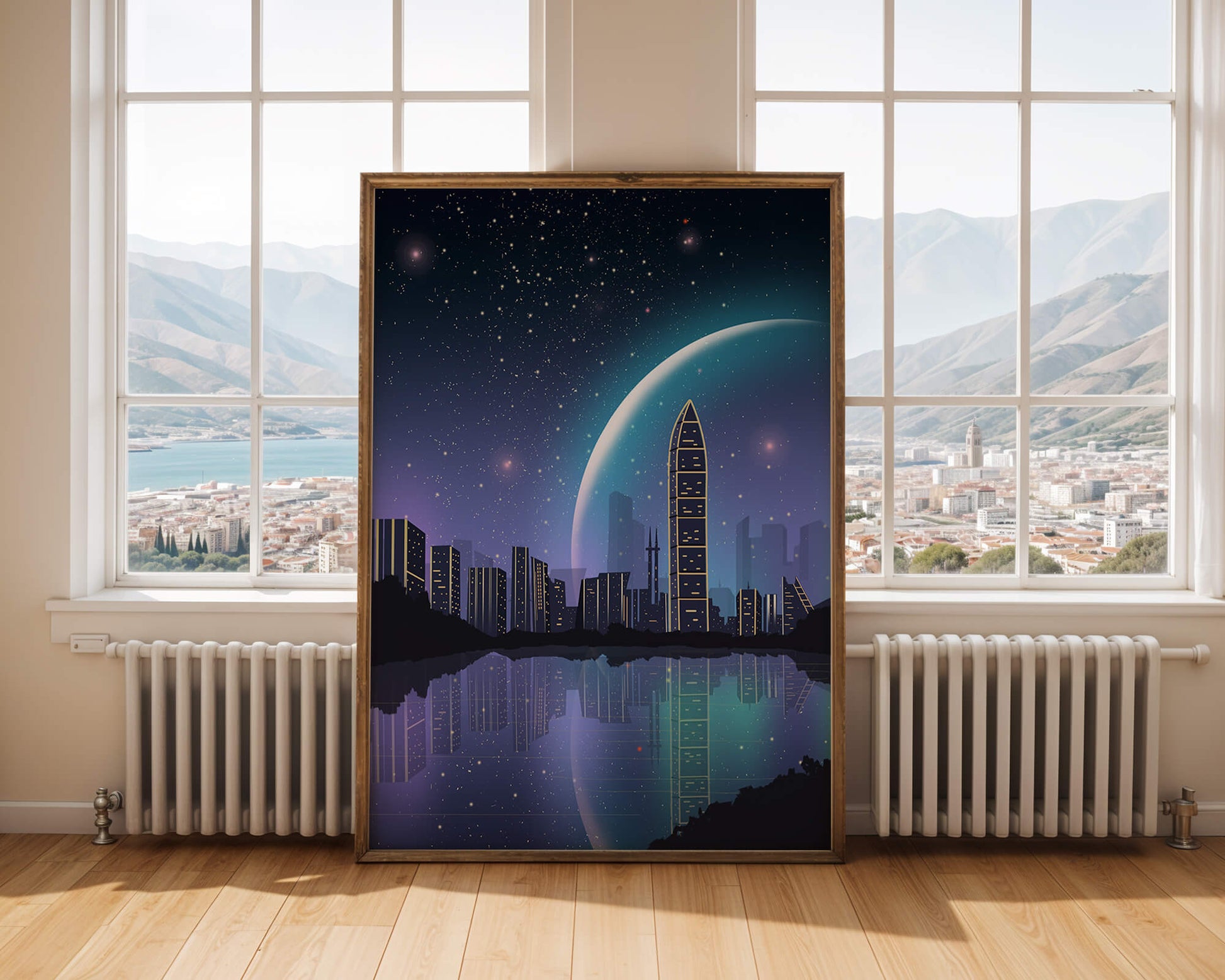 Futuristic cityscape under a starry night sky