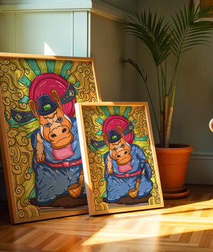 Ilustración colorida de un personaje animal caprichoso con alrededores ornamentados