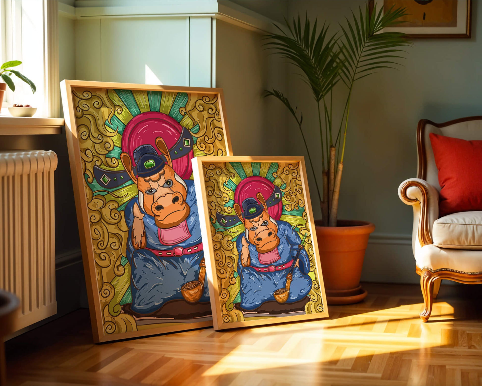 Traducción al español: Ilustración colorida de un personaje animal caprichoso con decoraciones ornamentadas a su alrededor.