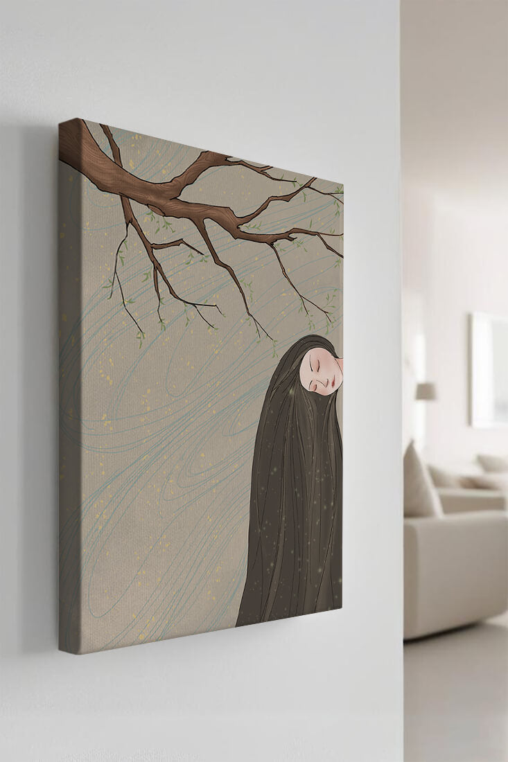 Serene illustration of a woman intertwined with nature and flowing designs