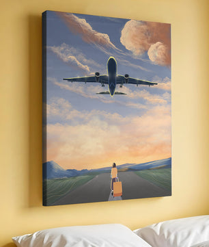 Serene airport departure with airplane and traveler at sunset