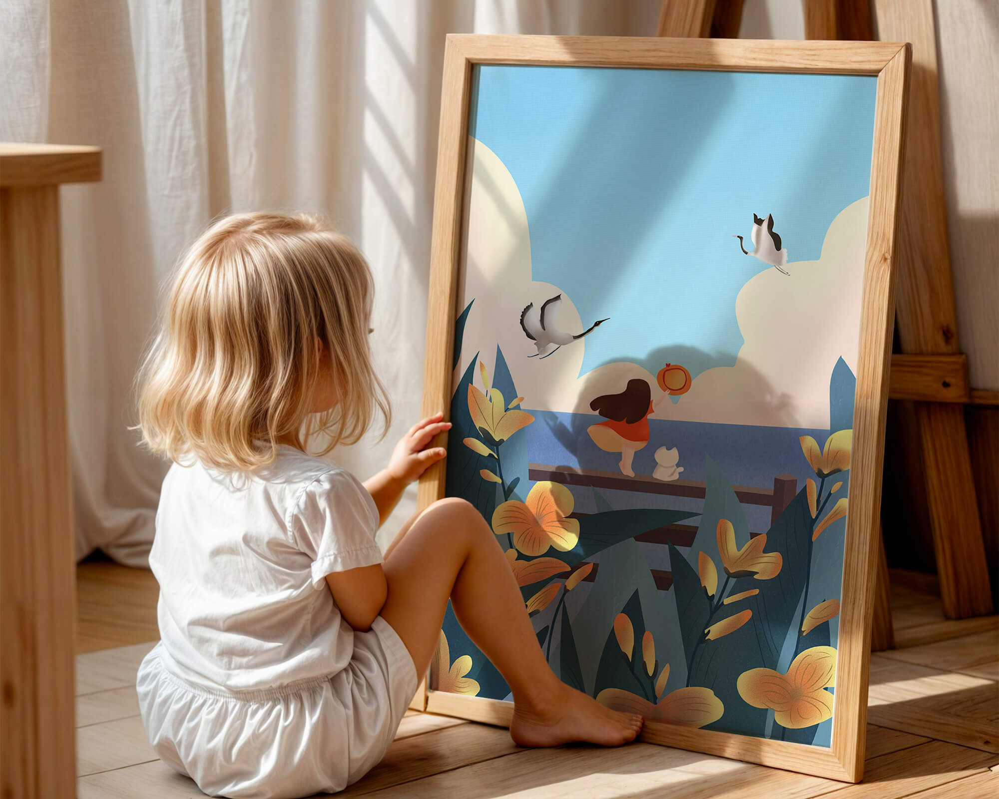 Serene seaside scene with girl, cat, and birds in nature