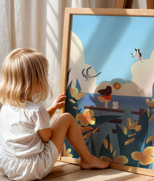 Scène sereine en bord de mer avec une fille, un chat et des oiseaux dans la nature