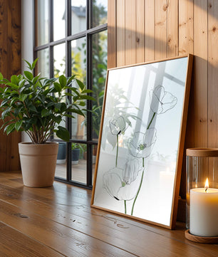 Zarte florale Linienzeichnung mit weißen Mohnblumen auf sauberem Hintergrund
