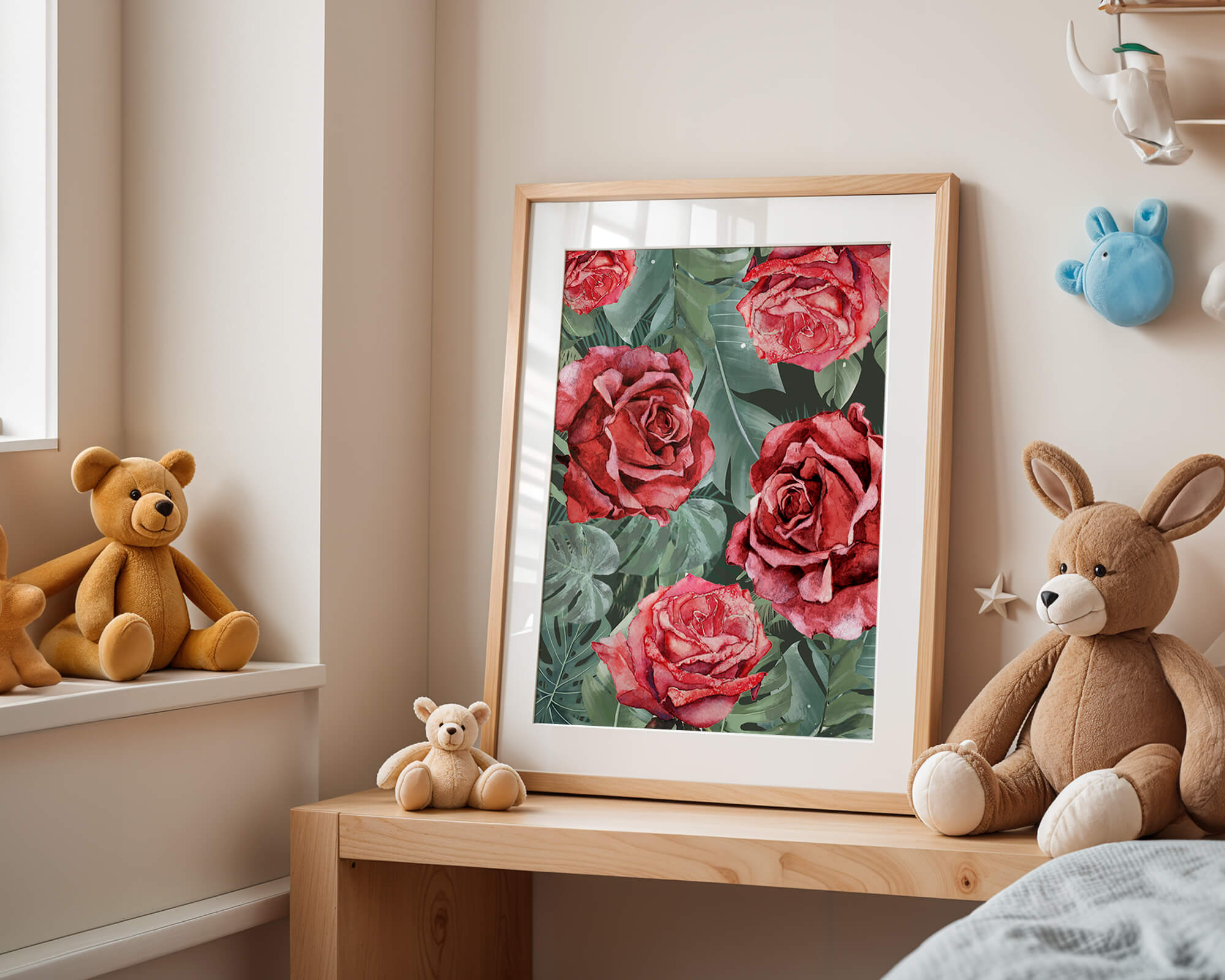 Red roses and green foliage pattern in watercolor style