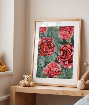Red roses and green foliage pattern in watercolor style