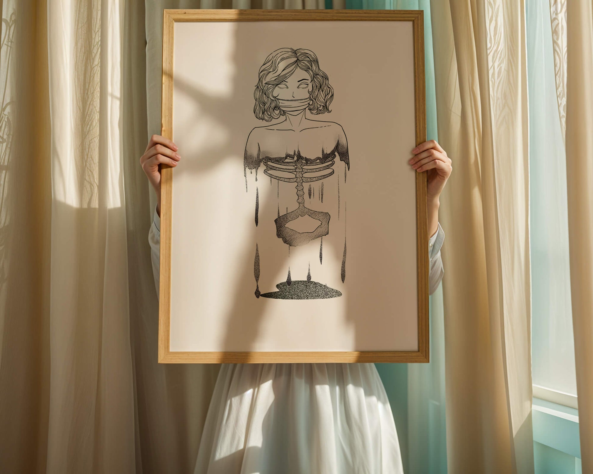 Surreal illustration of a woman with abstract ribcage and melting effect