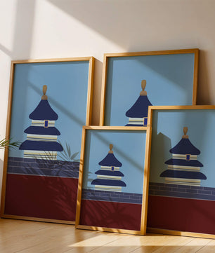 Ilustración abstracta del Templo del Cielo con detalles azules y dorados