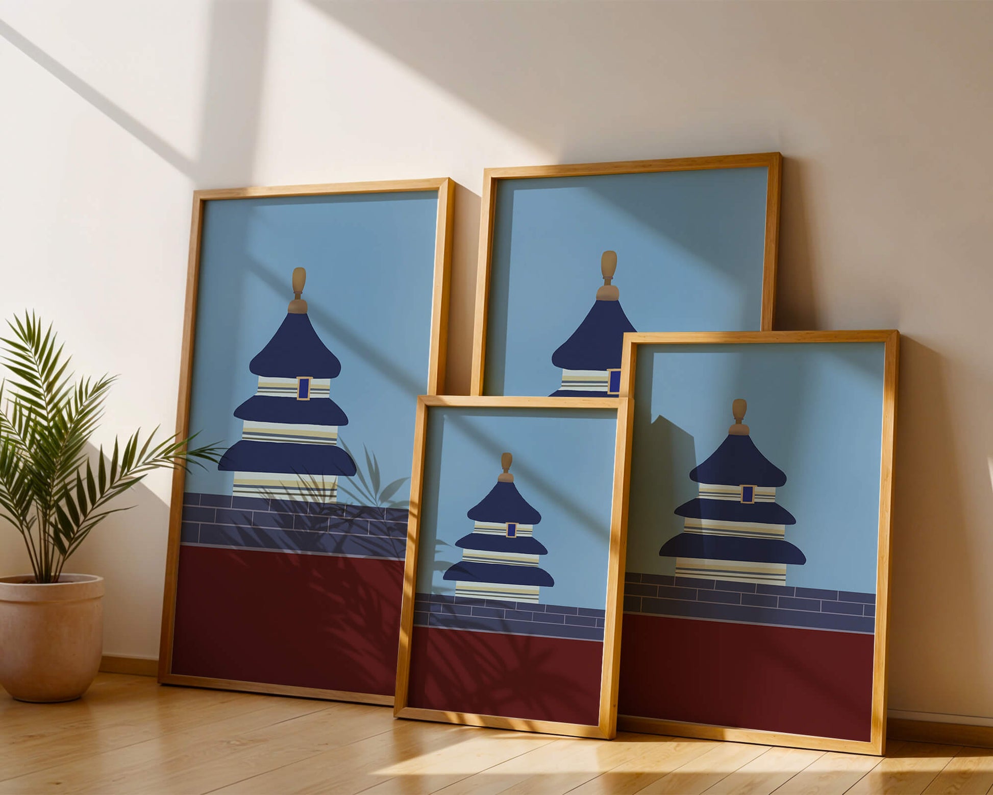 Ilustración abstracta del Templo del Cielo con detalles azules y dorados