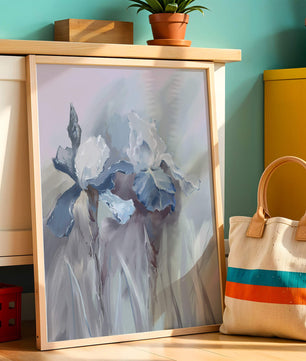 Delicate blue and white floral painting with soft brush strokes