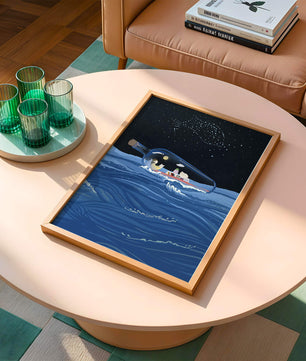 Surreal illustration of a bottle on the ocean with a starry night sky