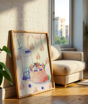 Escena de postre caprichosa con pastel y bebida con acentos juguetones