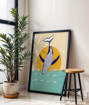 Ilustración de una ballena saltando sobre las olas con un fondo de sol