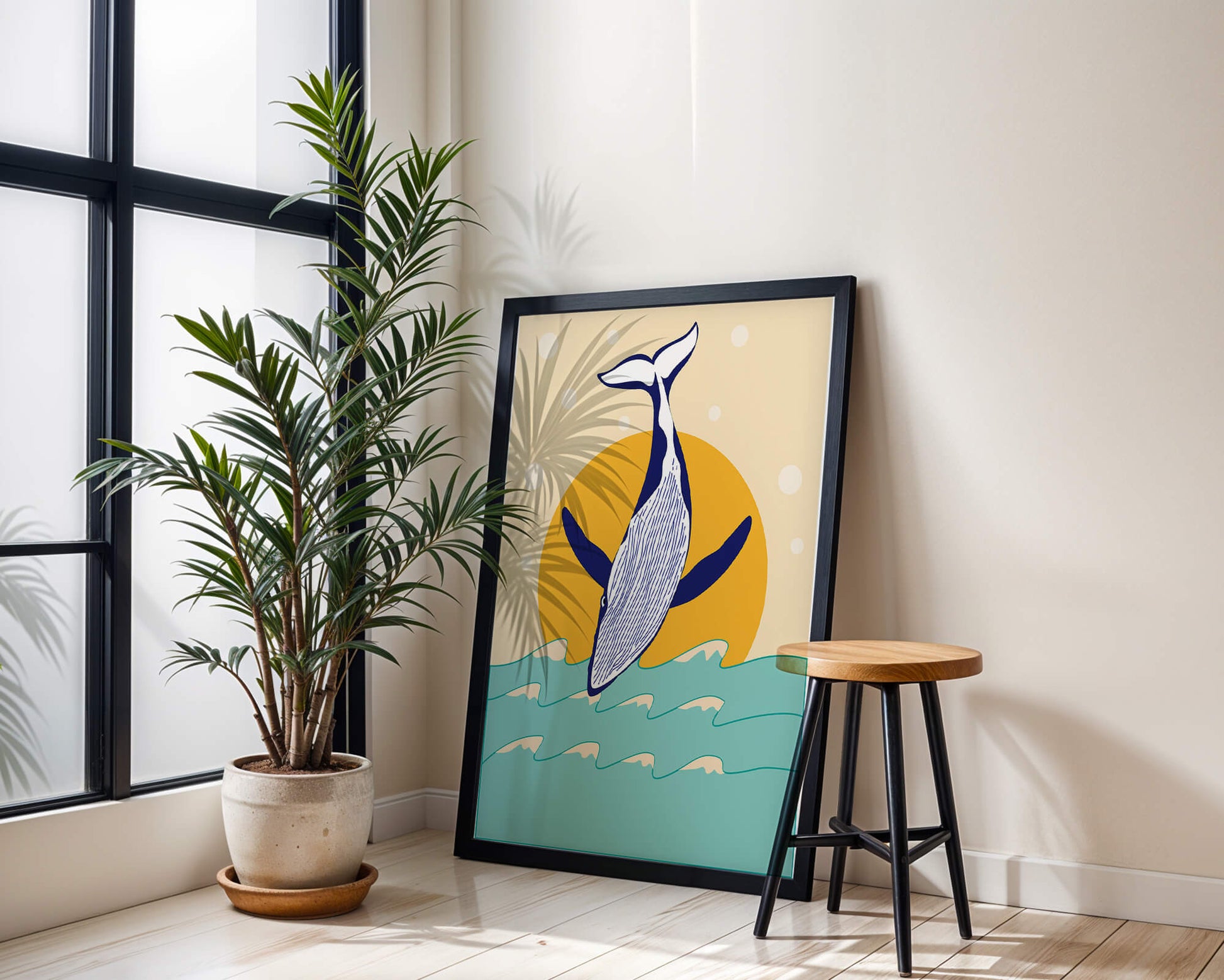 Illustration of a whale jumping over waves with sun backdrop