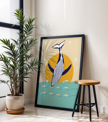 Illustration of a whale jumping over waves with sun backdrop