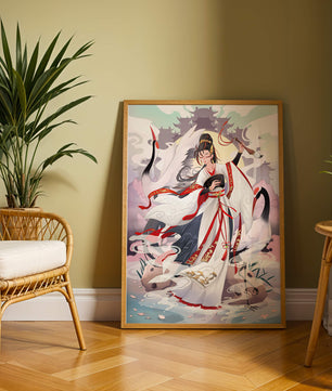 Elegant Asian Artistry with a Crane and Traditional Attire