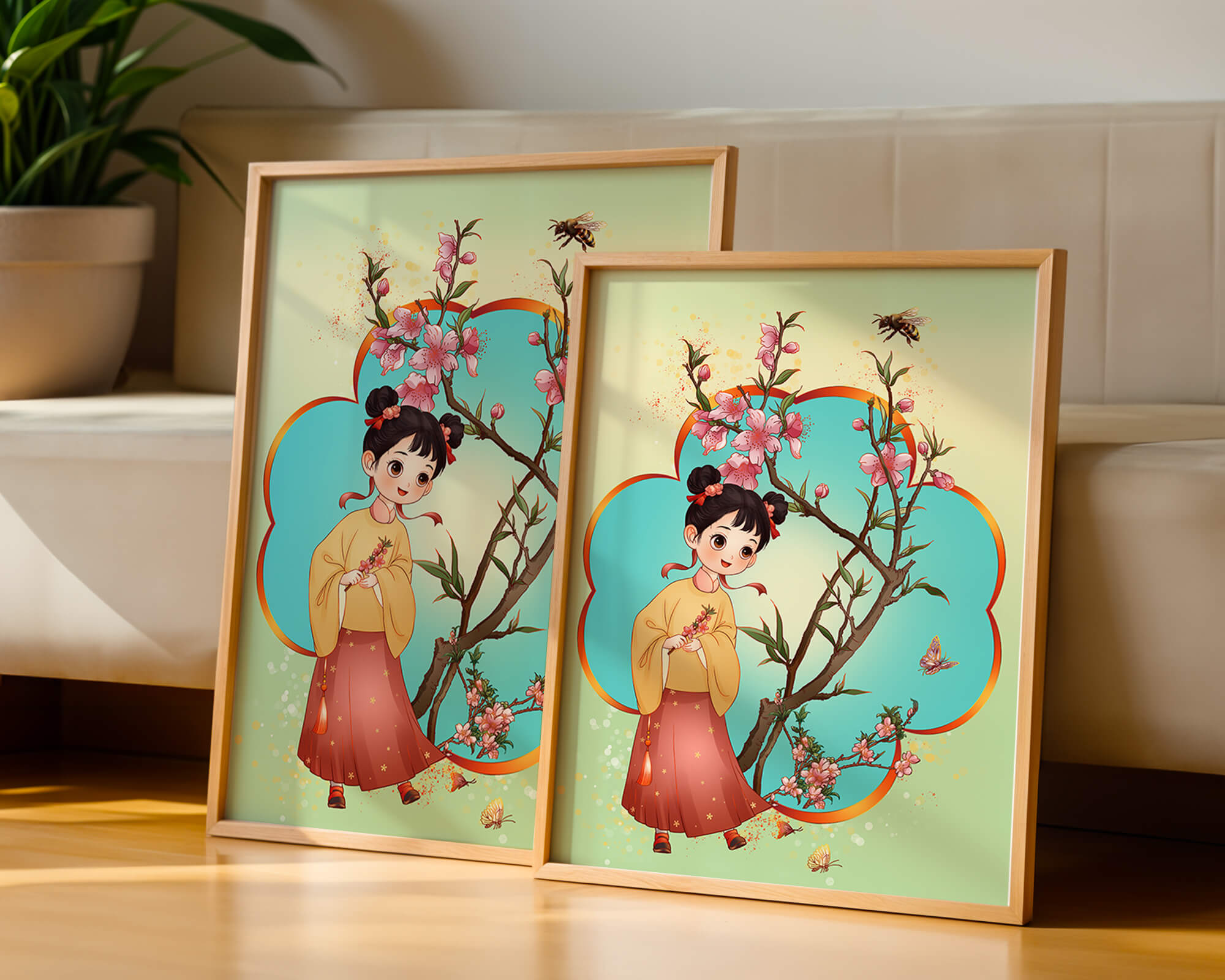 Illustration of a girl with cherry blossoms and butterflies