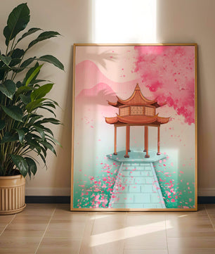 Traditioneller asiatischer Pavillon, umgeben von Kirschblüten