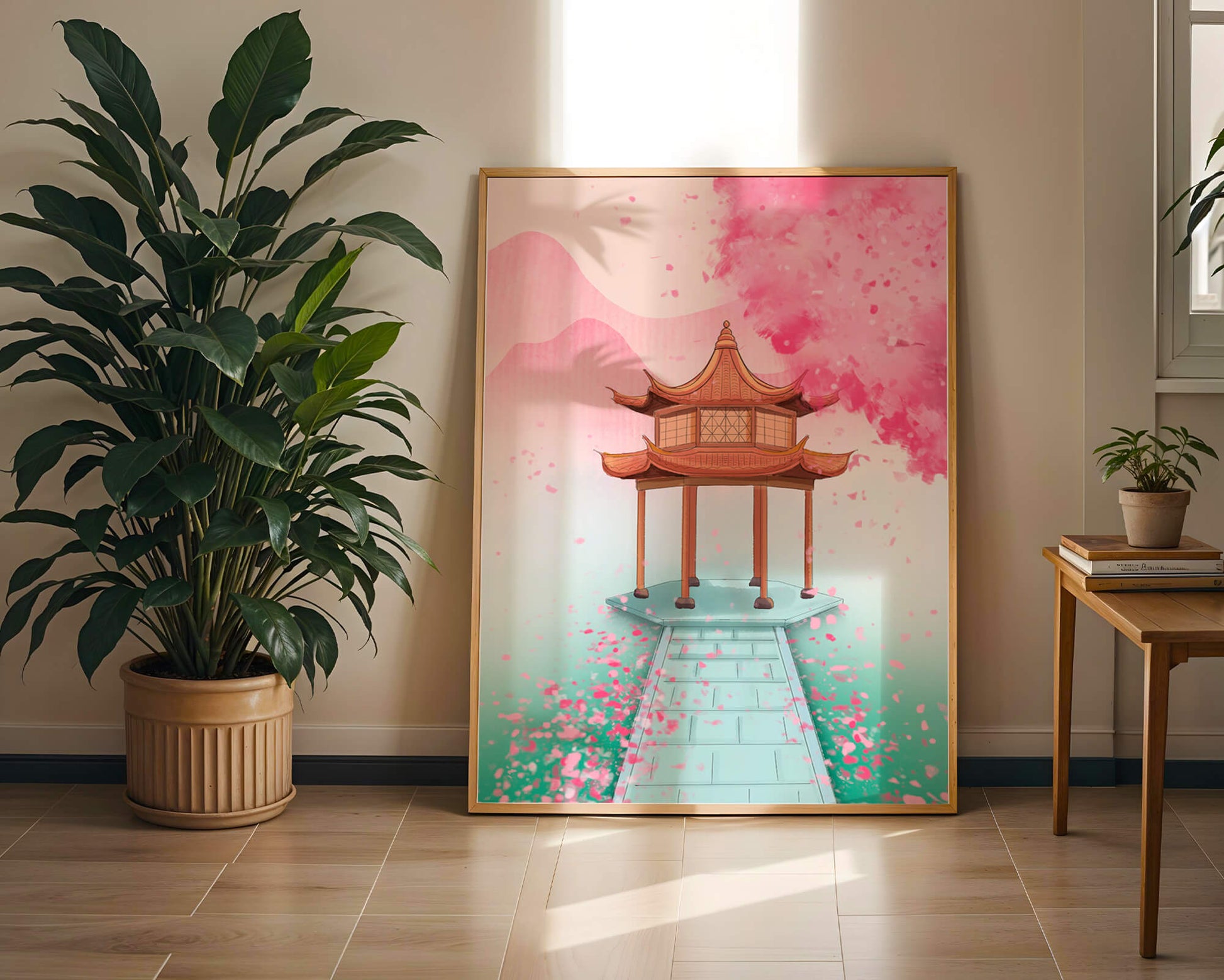 Traditional Asian gazebo surrounded by cherry blossoms