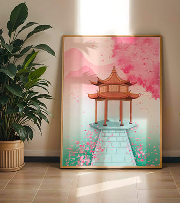 Traditional Asian gazebo surrounded by cherry blossoms