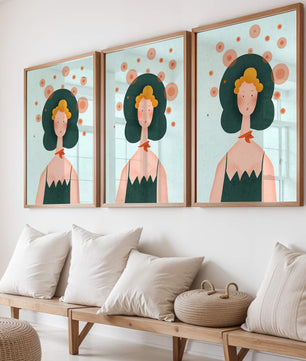 Whimsical Portrait of a Woman with Green Hair and Abstract Circles - Mi tienda