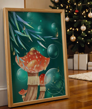 Whimsical forest scene with mushrooms and glowing bubbles