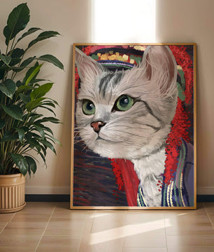 Illustrated cat portrait with colorful accents