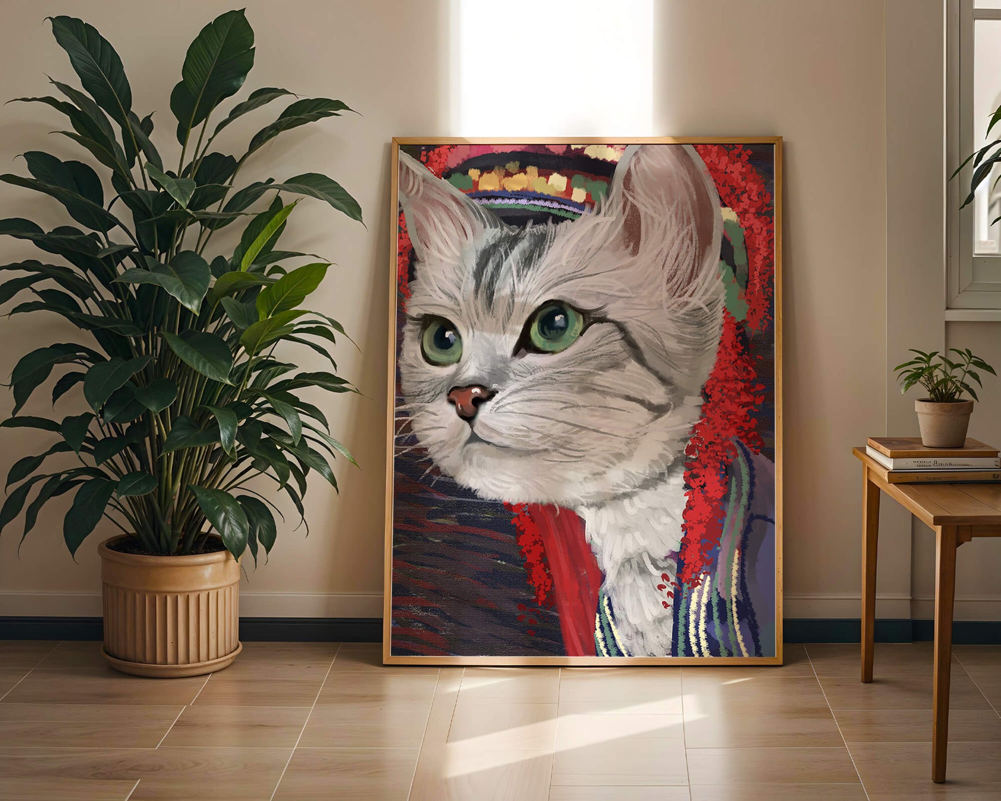 Illustrated cat portrait with colorful accents