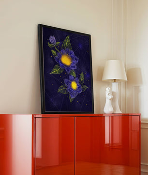 Floral Art with Blue and Yellow Lotus Design on Starry Background