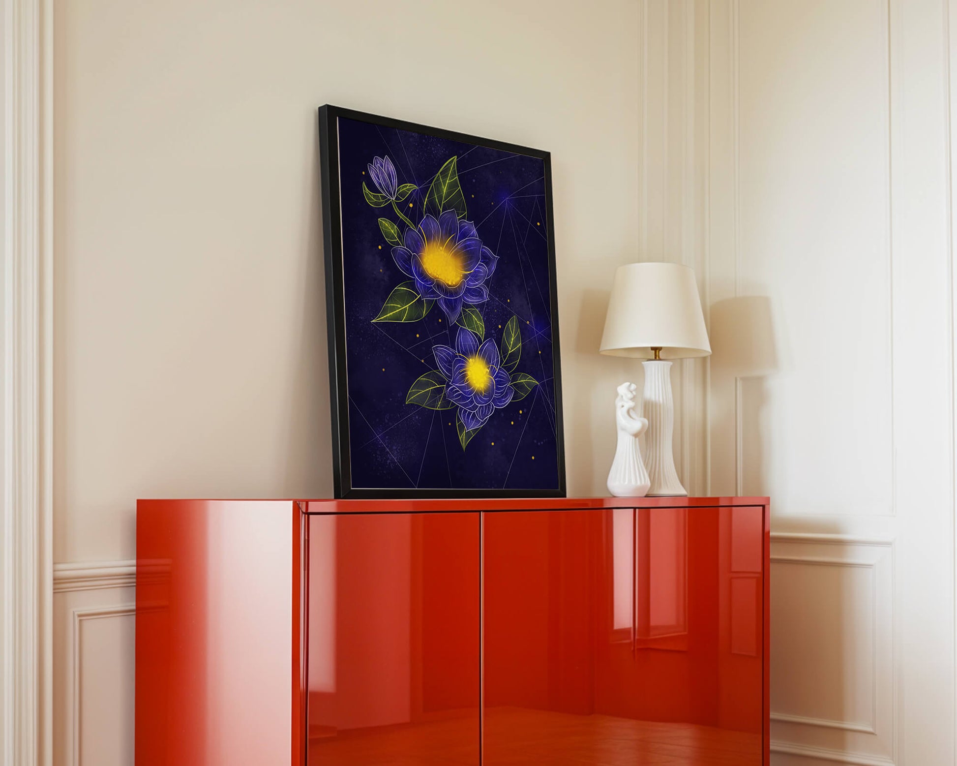 Floral Art with Blue and Yellow Lotus Design on Starry Background