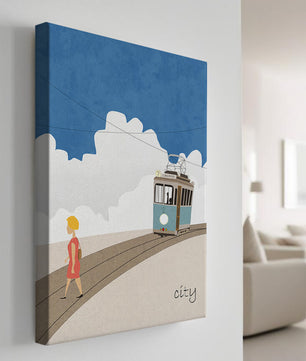 Urban scene with tram and pedestrian under a blue sky