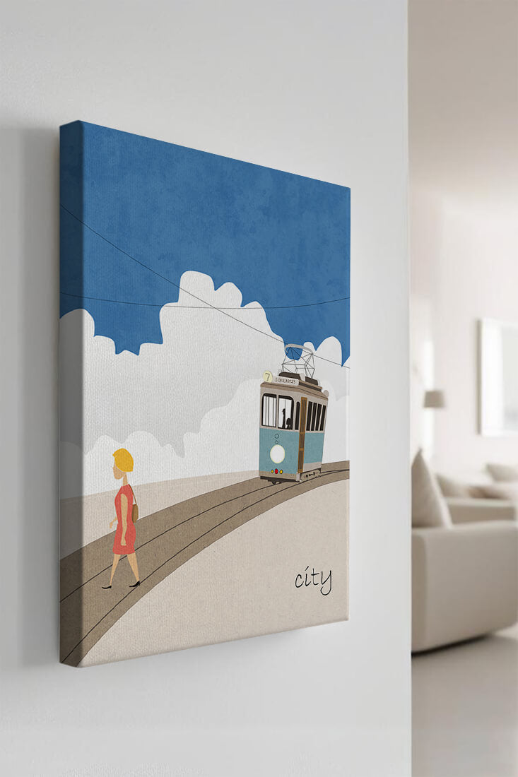 Urban scene with tram and pedestrian under a blue sky