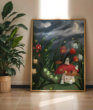 Enchanted night scene with glowing mushrooms and moonlit sky